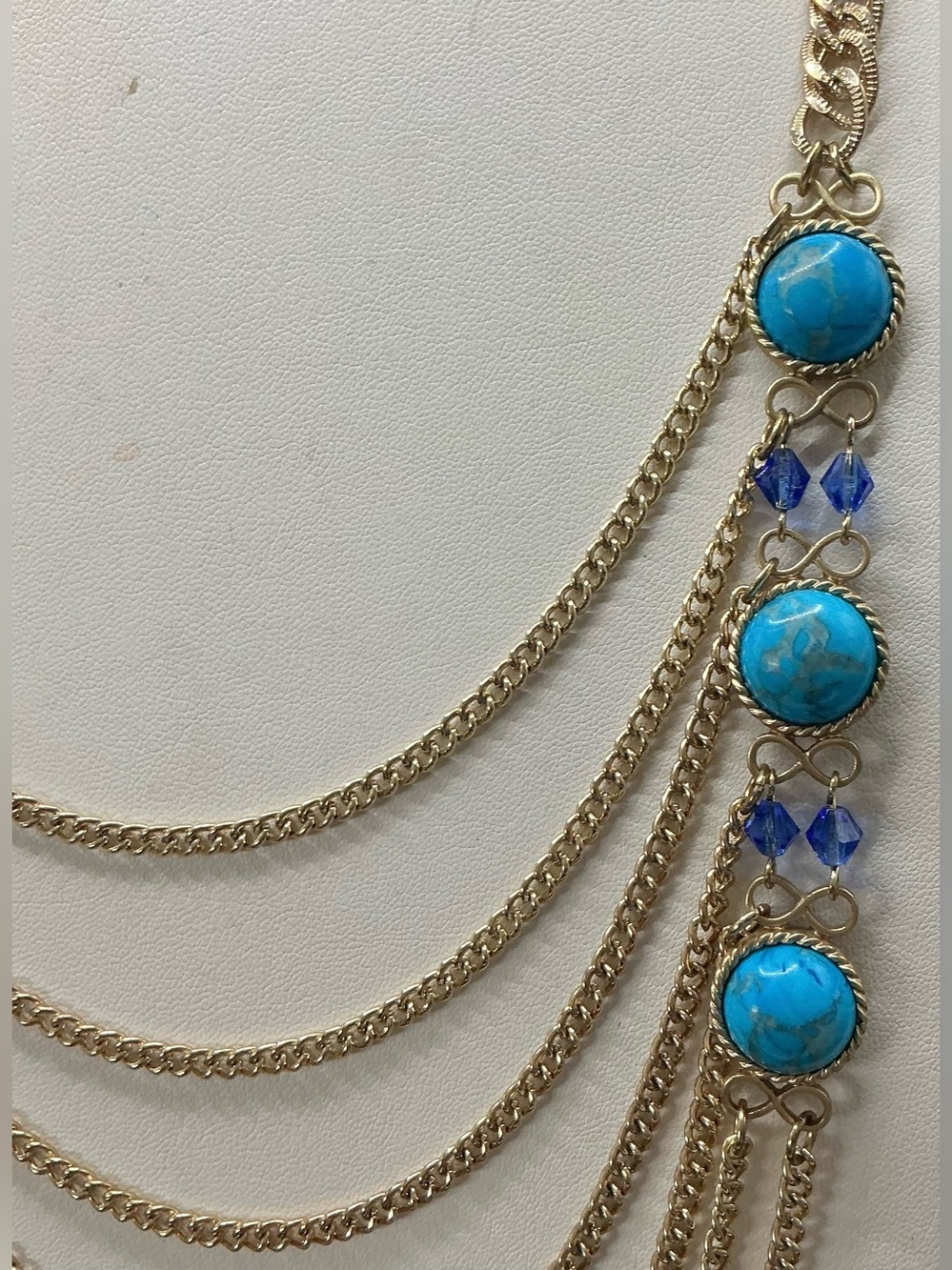 SPRING STREET LAYERED GOLD TONE CHAIN NECKLACE FAUX TURQUOISE BLUE BEAD ACCENTS - Picture 2 of 4